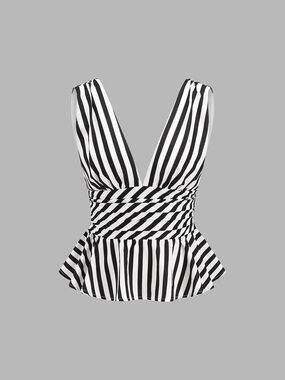 Commense Striped Deep V Peplum Sleeveless Top